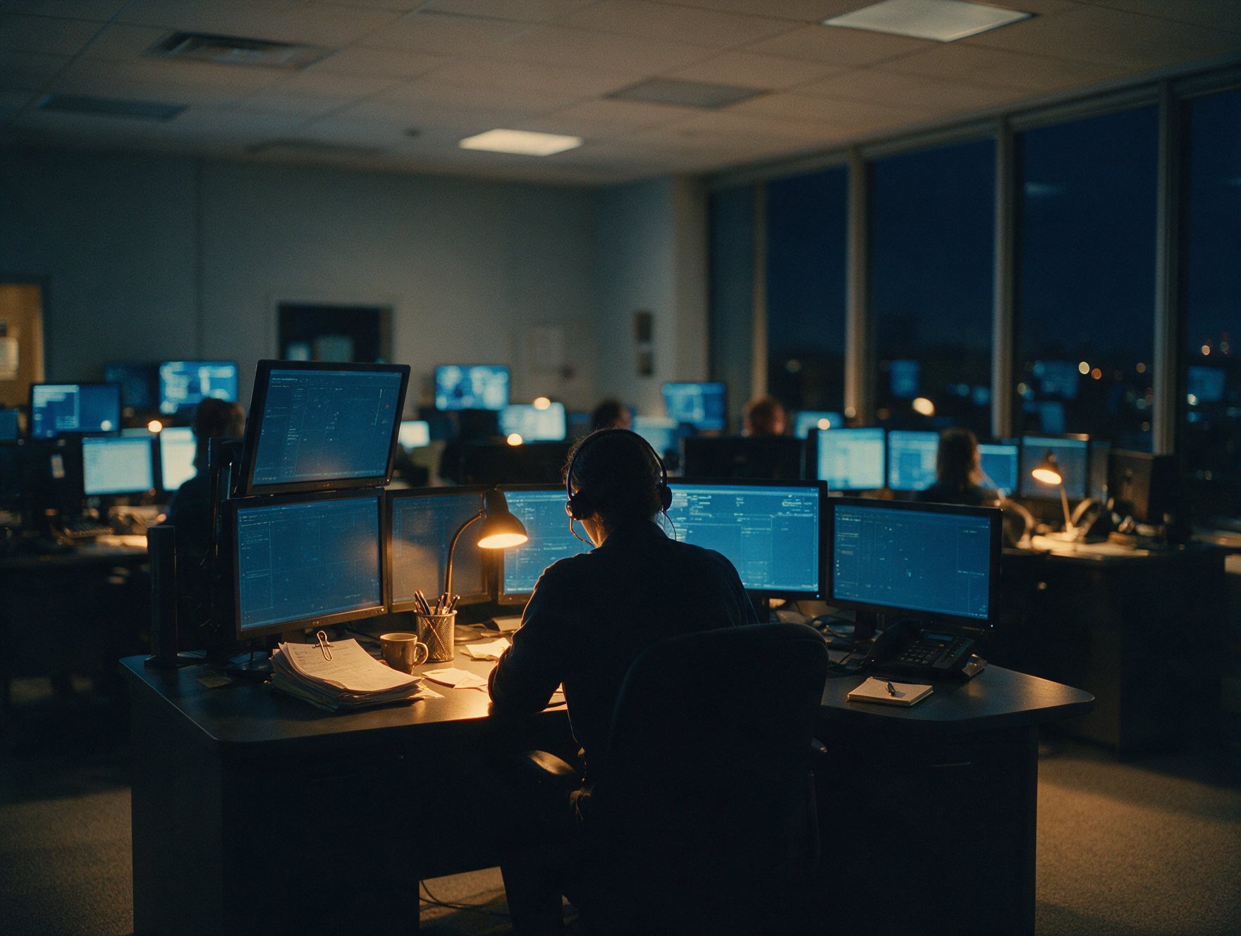 First responder crisis hotlines are answered around the clock, like this 911 dispatch console at night
