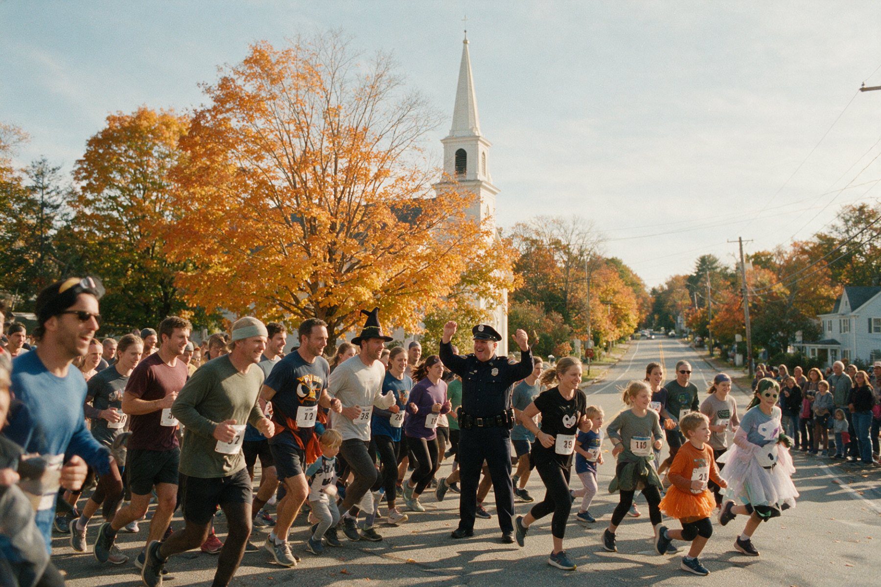 Runners in Halloween costumes at the start of an autumn 5K