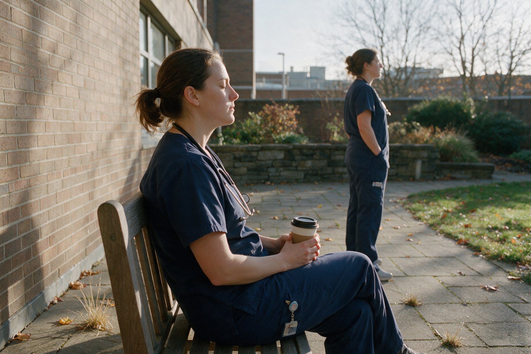 An emergency department nurse taking a quiet break in a hospital courtyard between shifts