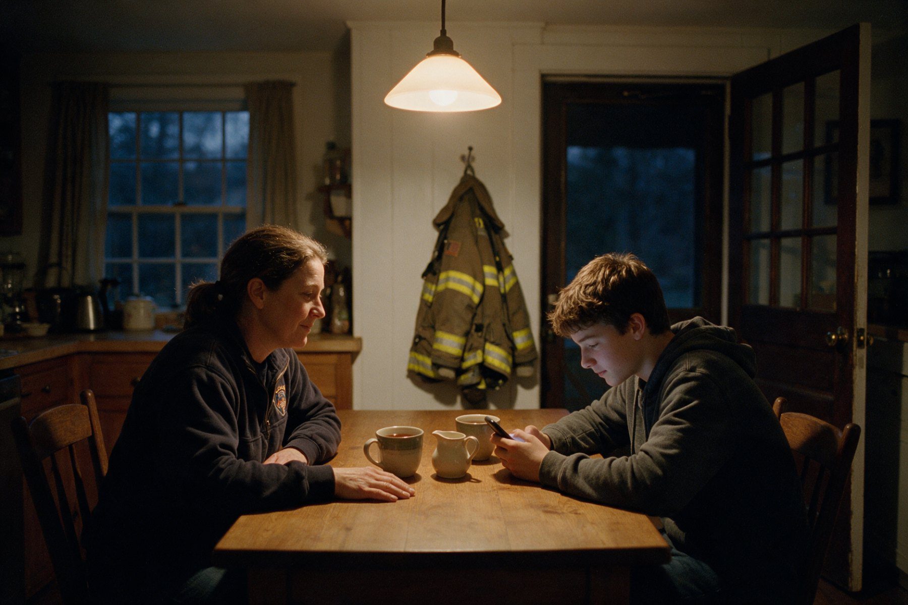 A firefighter’s partner and teenage son talking at the kitchen table in the evening