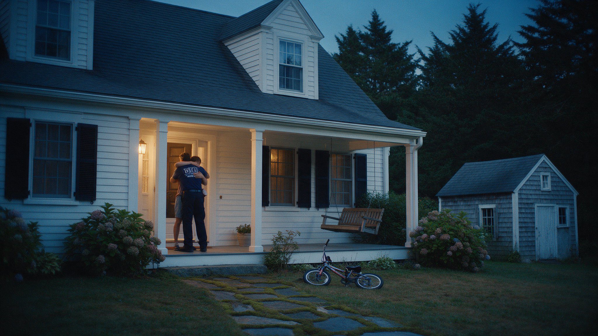 First responder families: a firefighter coming home at dawn and being greeted at the door