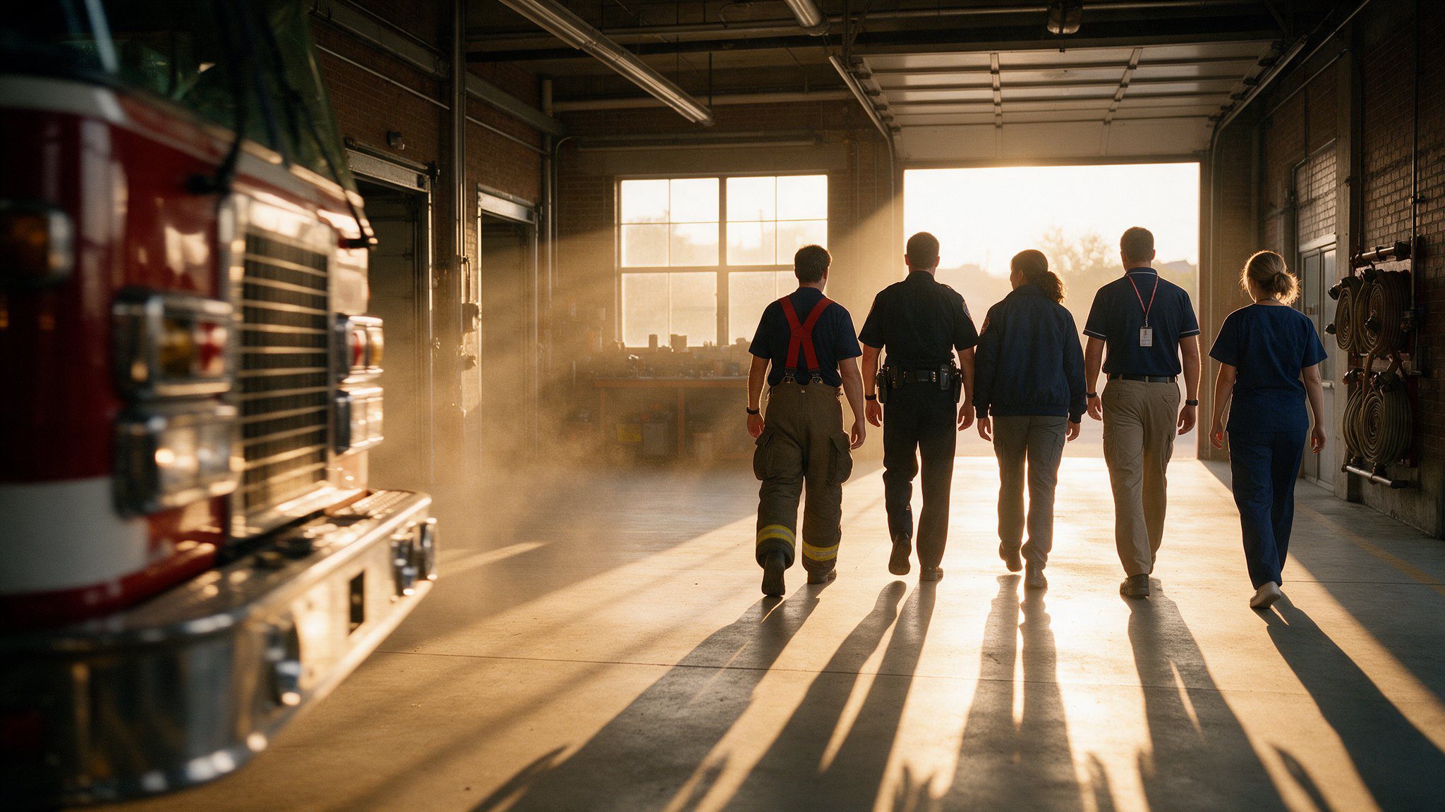 Plymouth County CISM team members from fire, police, EMS, dispatch and nursing walking together through a fire station at golden hour