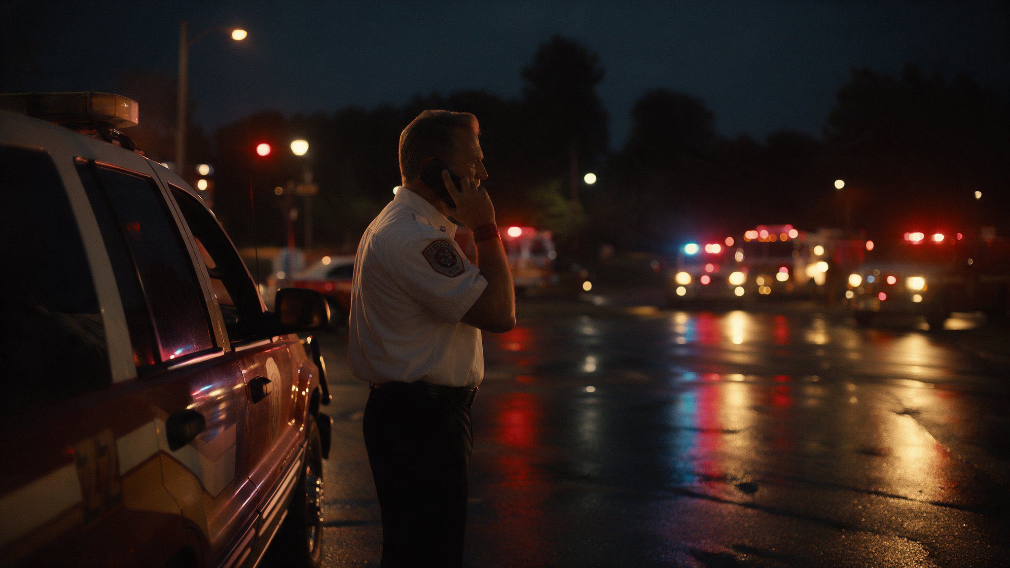 A fire chief calling to request a critical incident debriefing from the command vehicle after a night incident