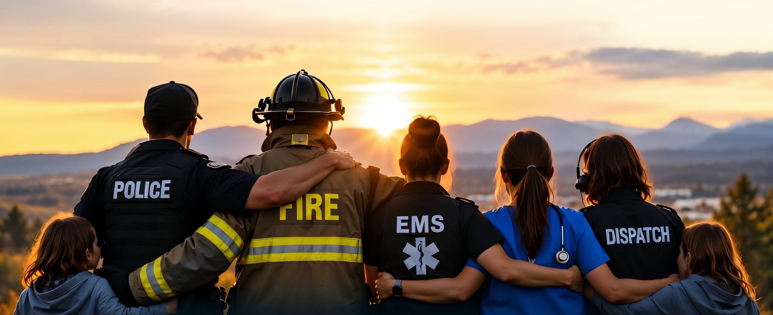 Plymouth County CISM: police officer, firefighter, EMT, nurse and dispatcher standing arm in arm at sunset