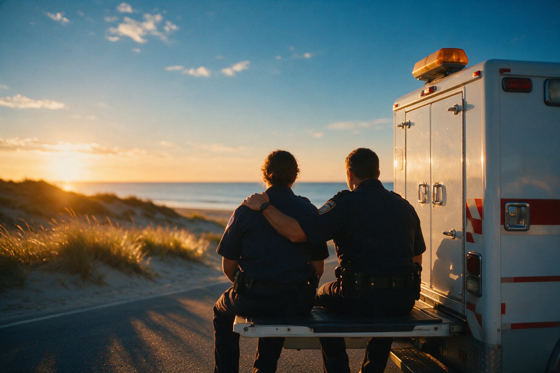 Two first responders talking through a critical incident stress reaction on an ambulance tailgate at sunset