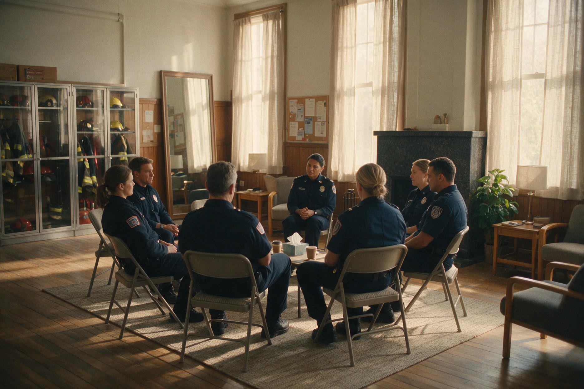 First responder peer support circle in a sunlit community room