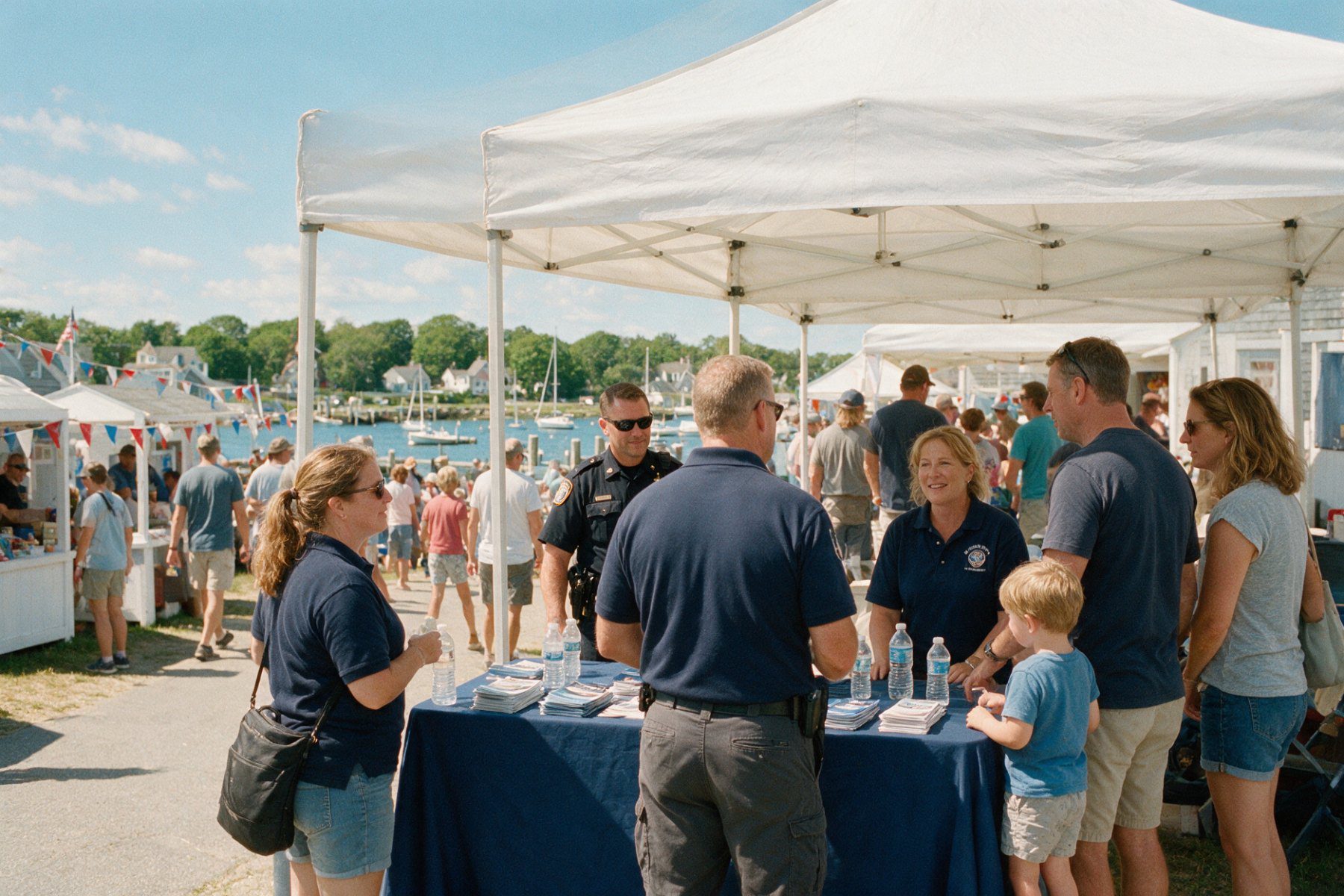 Plymouth County CISM volunteers at a community outreach table during a harbor-town summer fair