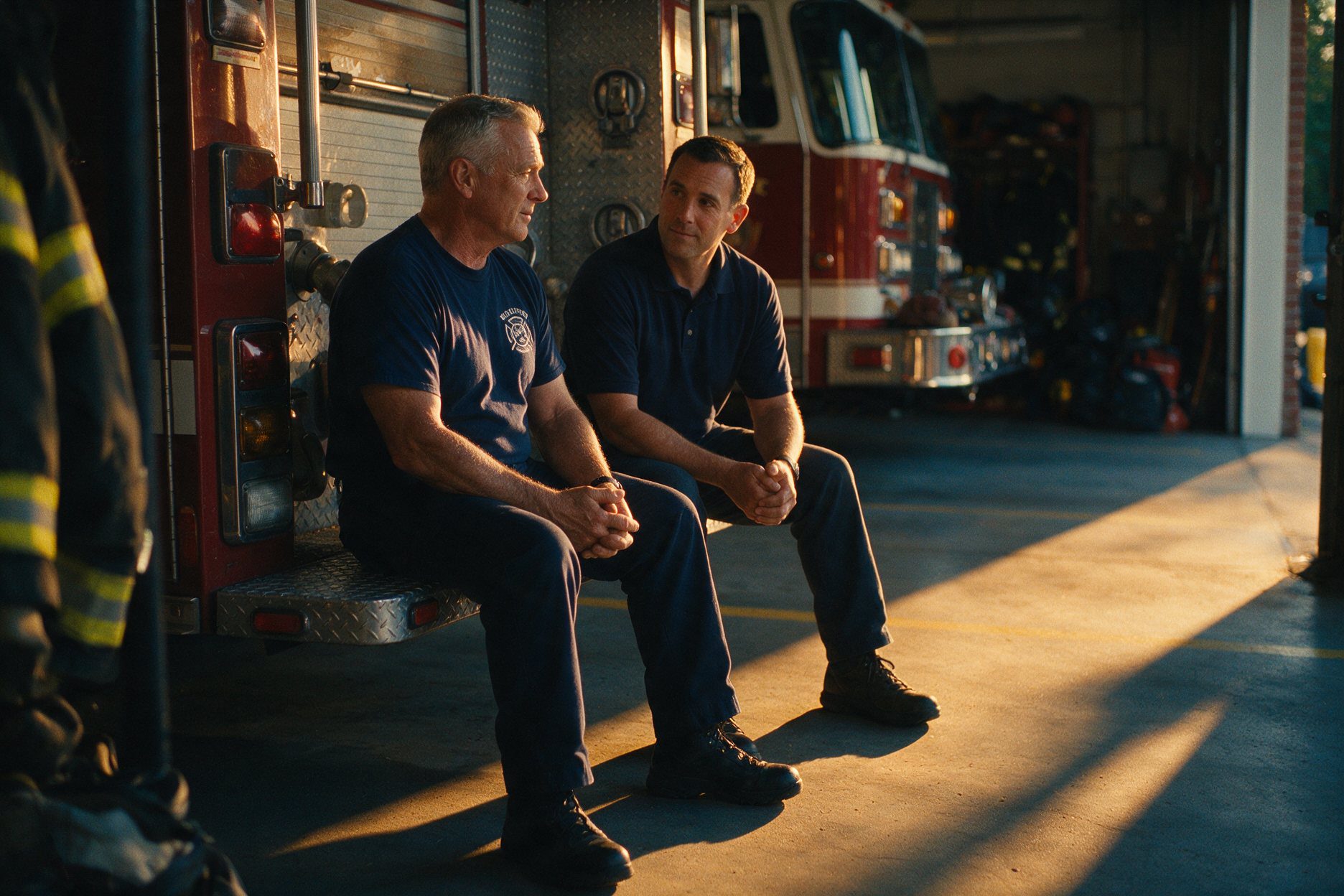 A firefighter and a peer supporter talking one-on-one on the tailboard of a fire engine