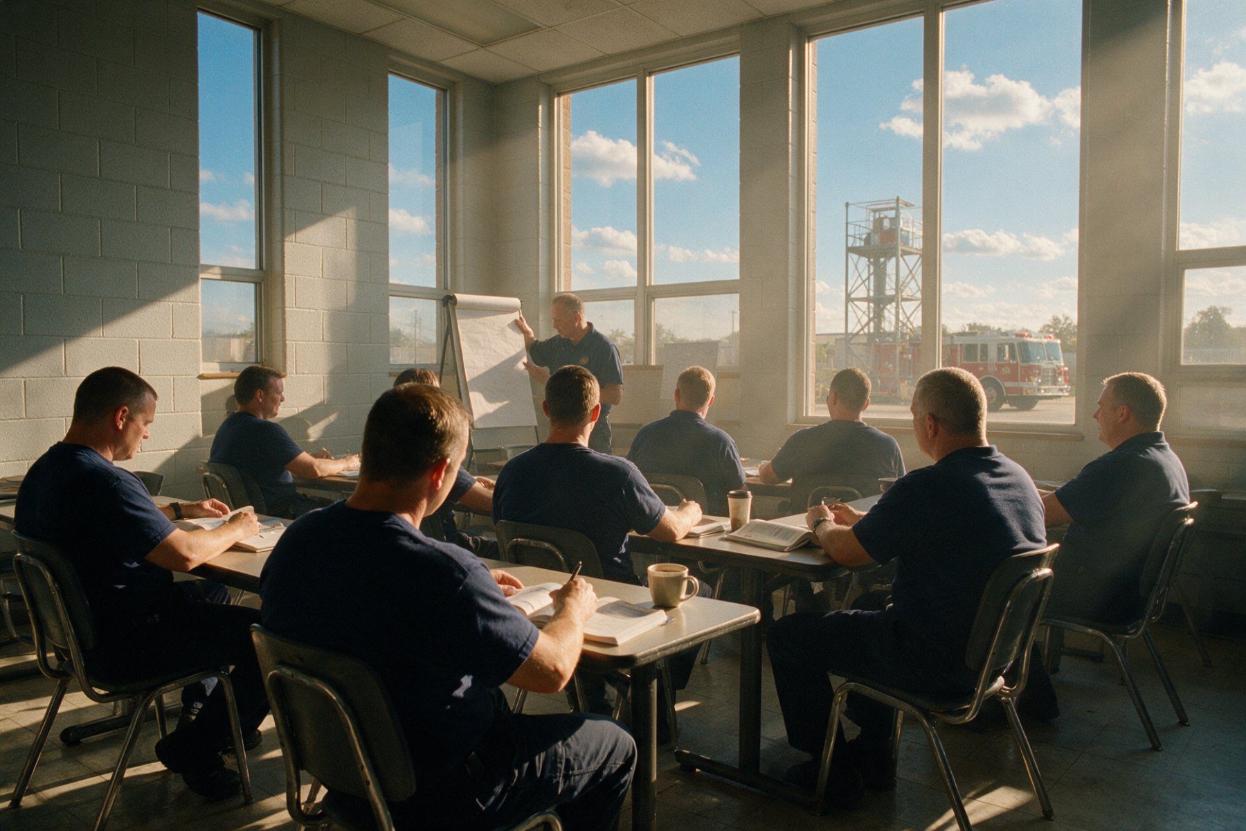 Peer supporter training class in a fire department classroom