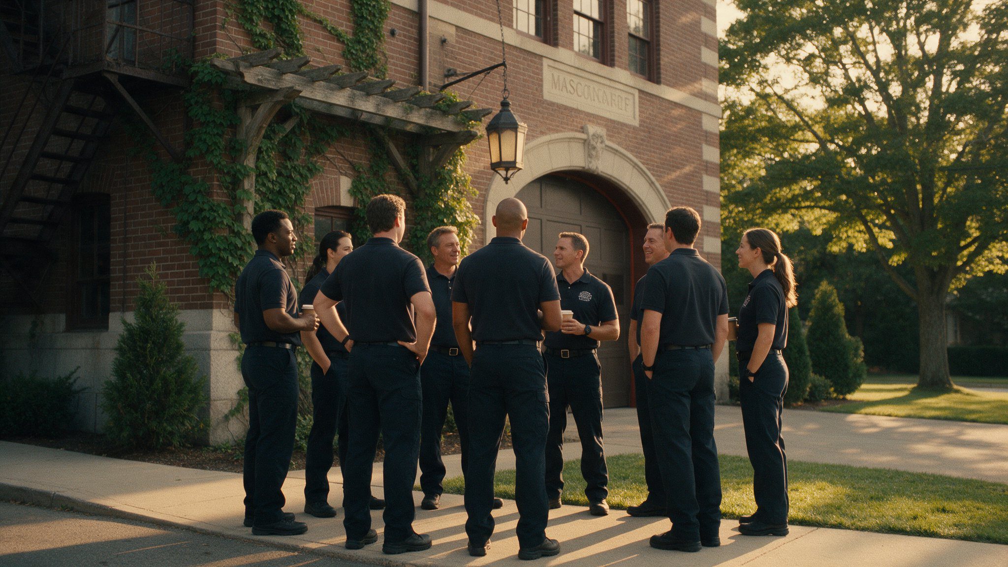 Become a peer supporter: off-duty first responders gathered outside a Massachusetts fire station at golden hour