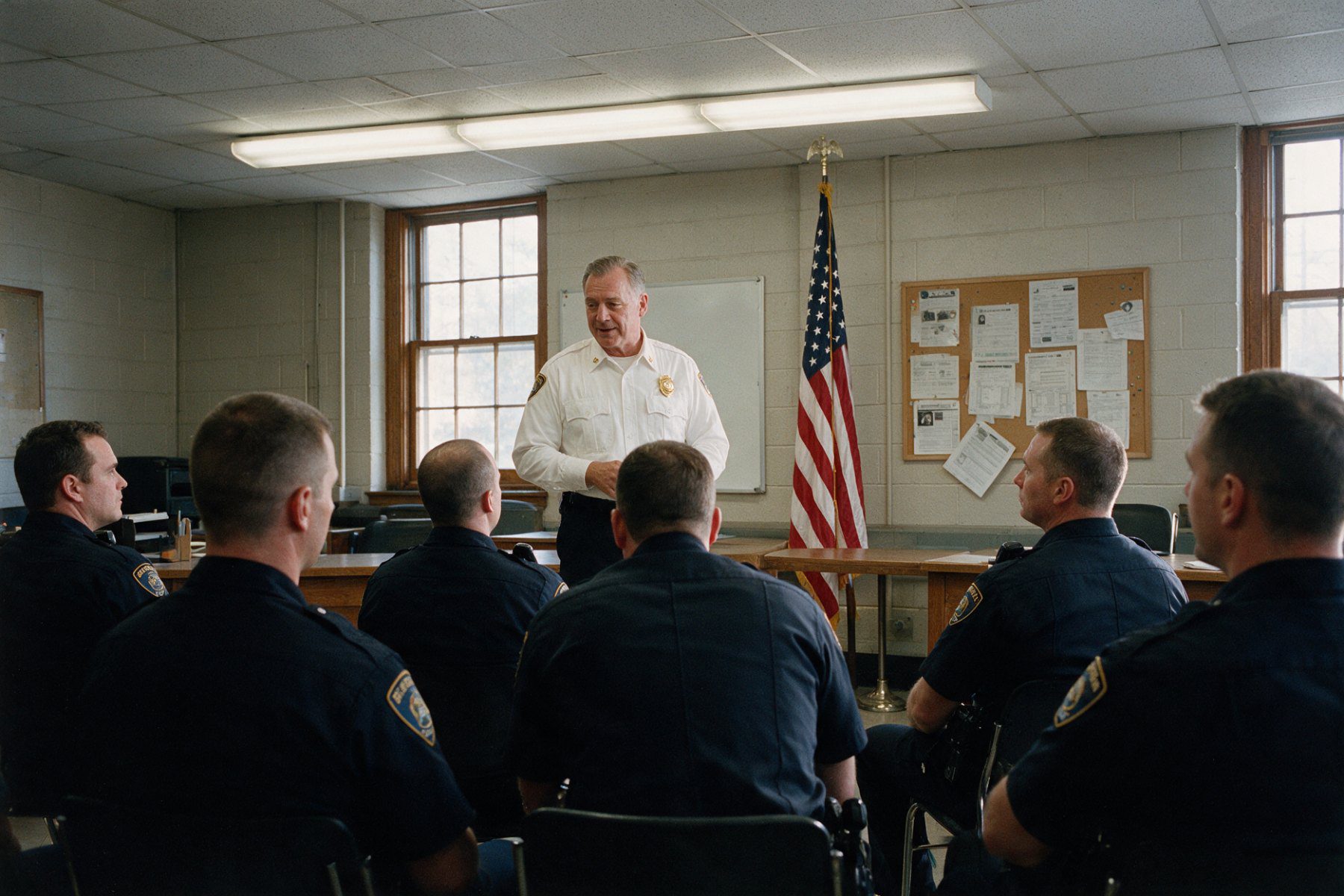 A police chief briefing officers at roll call, the moment a department decides to activate peer support
