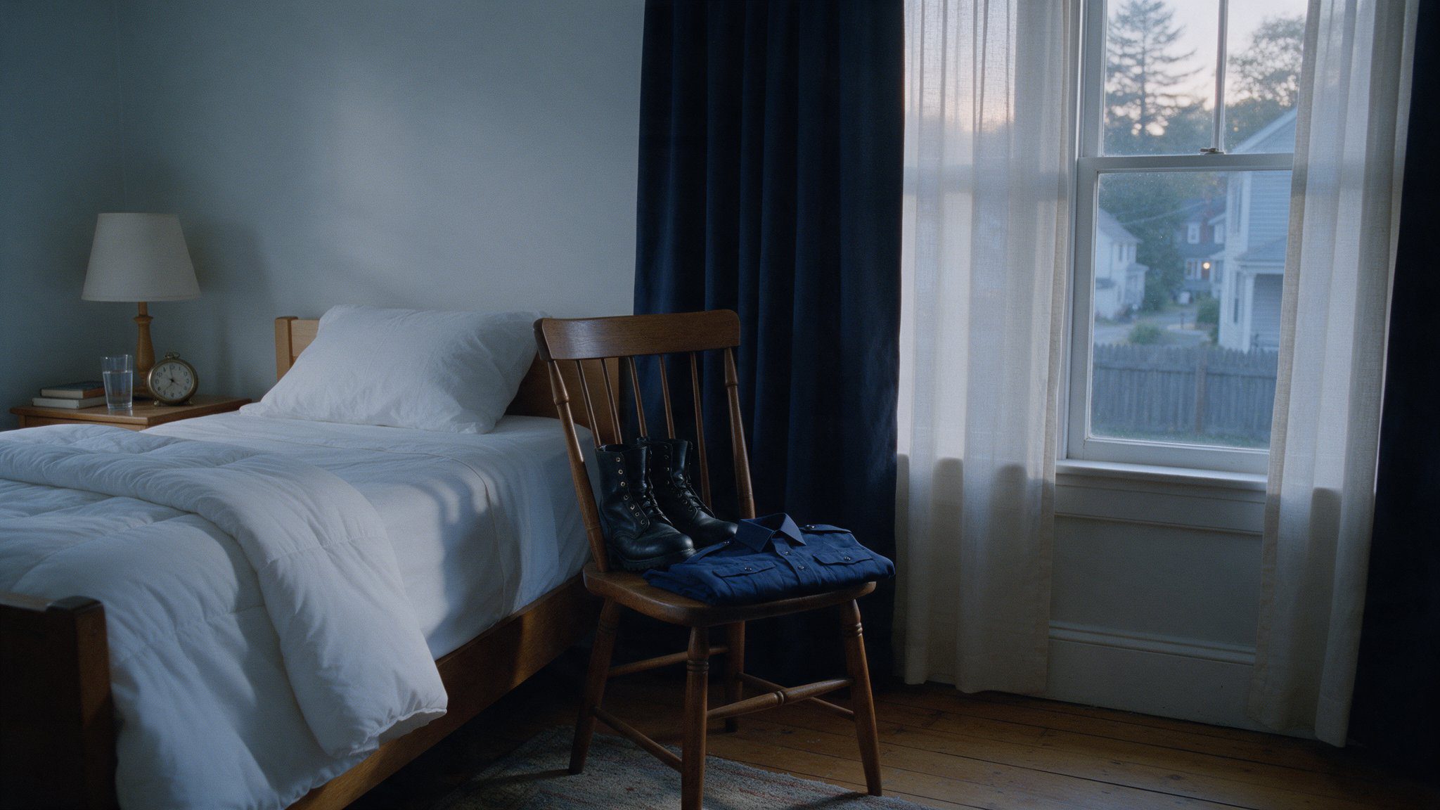 First responder sleep: a quiet bedroom at dawn with duty boots by the bed
