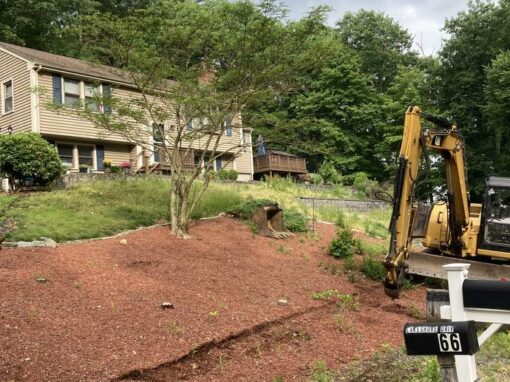 Graded soil and new mulch beds prepped before seeding