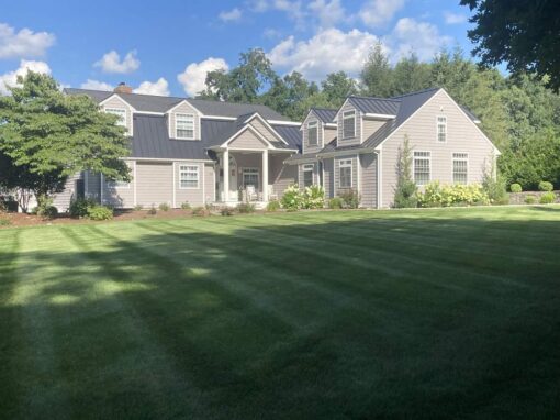 Freshly striped front lawn at a gray Cape with dormers