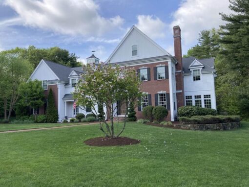 Front yard and ornamental tree at a brick-and-white colonial