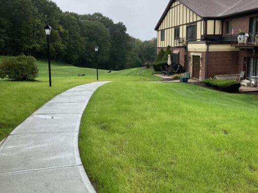 Condominium grounds with a curving sidewalk and mowed lawns